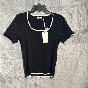 Grace Karin‎ sweater NWT XL Black White Fitted Ribbed Short Sleeve square neck